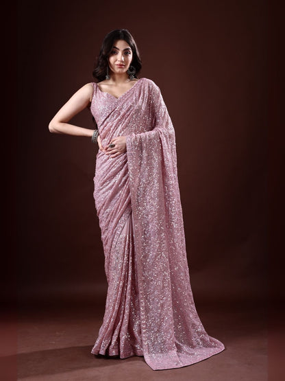 Rajwada Blush Pink Georgette Sequin  Elegant Saree For Women
