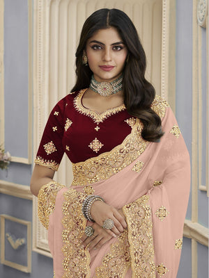 Rajwada Light Peach Georgette Embellished Elegant Saree For Women