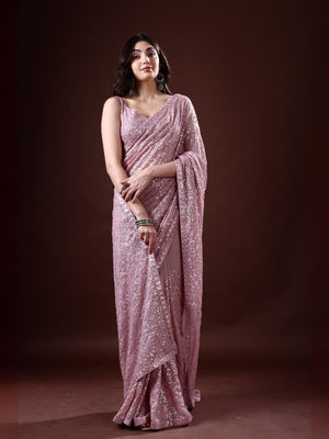 Rajwada Blush Pink Georgette Sequin  Elegant Saree For Women