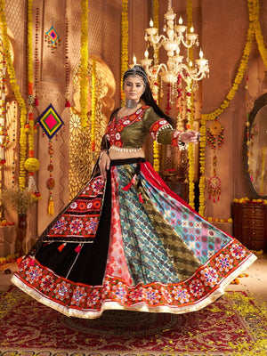 Rajwada Multicolor Viscose Rayon Embroidered Semi-Stitched lehenga With Stunning Tassels For Women