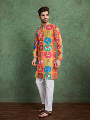 Rajwada Multicolor Rayon Printed and Embroidered Stitched Kurta For Men