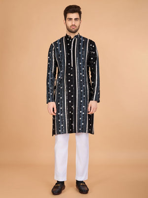 Rajwada Black Viscose Rayon Embroidered Stitched Kurta For Men