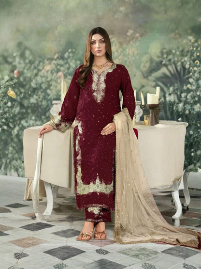 Rajwada Maroon Silk Blend Embellished Semi Stitched Kurta Set For Women