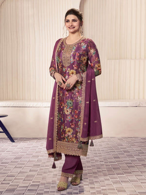 Rajwada Wine Chiffon Printed And Embroidered Semi Stitched Kurta Set For Women