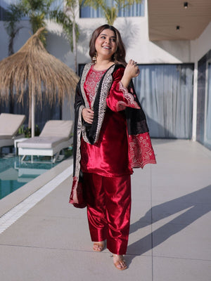 Rajwada Red Velvet Embroidered Kurta Set For Women