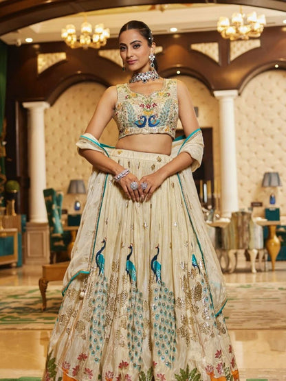 Rajwada Off White Chinon Silk Embellished Semi Stitched Lehenga For Women