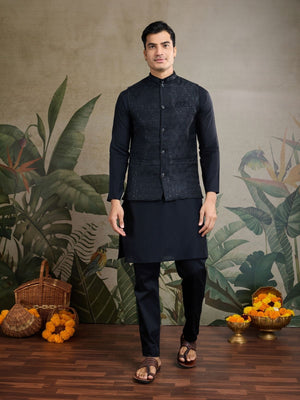 Rajwada Black Viscose Silk Woven Stitched Kurta For Men