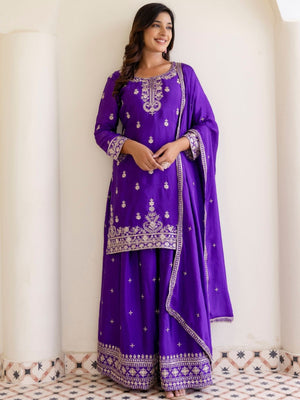 Rajwada Purple Chiffon Embroidered Stitched Kurta Set For Women