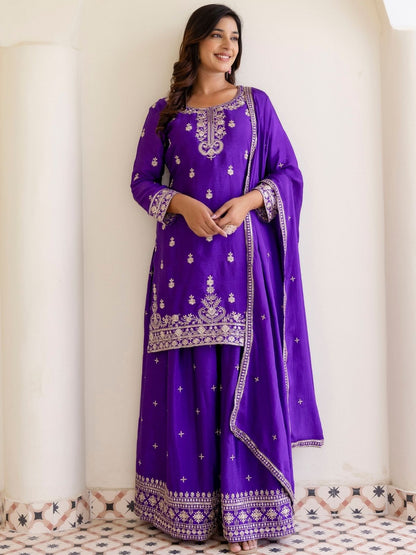 Rajwada Purple Chiffon Embroidered Stitched Kurta Set For Women