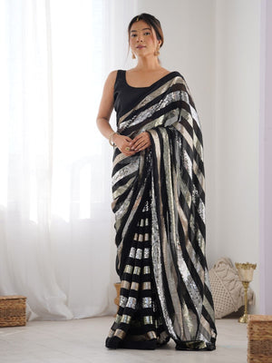 Rajwada Black Georgette Sequins Saree With Unstitched Blouse For Women