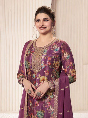 Rajwada Wine Chiffon Printed And Embroidered Semi Stitched Kurta Set For Women