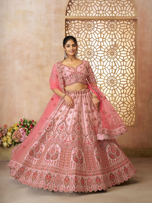 Rajwada Pink Silk Blend Embroidered Semi-Stitched Lehenga For Women