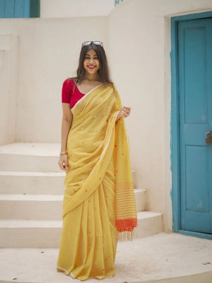 Rajwada Yellow Cotton Blend Printed Saree For Women