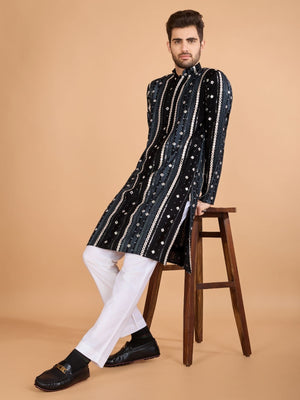Rajwada Black Viscose Rayon Embroidered Stitched Kurta For Men
