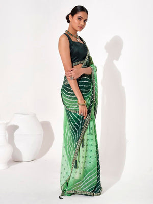Rajwada Green Cotton Linen Embroidered Striped Saree For Women