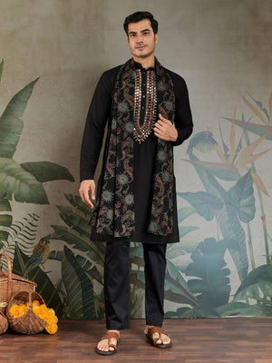 Rajwada Black Viscose Rayon Embroidered Stitched Kurta For Men