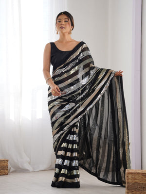 Rajwada Black Georgette Sequins Saree With Unstitched Blouse For Women