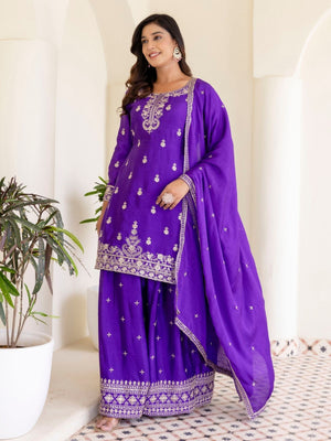 Rajwada Purple Chiffon Embroidered Stitched Kurta Set For Women