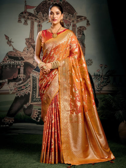 Rajwada Orange Silk Blend Solid Saree For Women