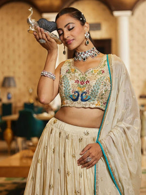 Rajwada Off White Chinon Silk Embellished Semi Stitched Lehenga For Women