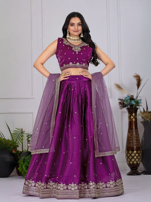 Rajwada Purple Silk Blend Embroidered Semi-Stitched lehenga For Women