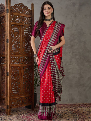 Rajwada Red Silk Blend Printed Elegant Saree For Women