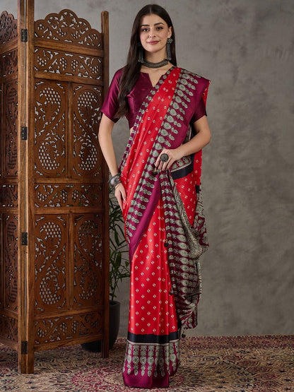 Rajwada Red Silk Blend Printed Elegant Saree For Women