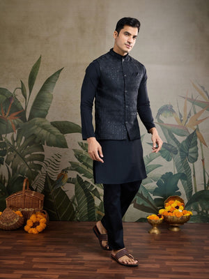 Rajwada Black Viscose Silk Woven Stitched Kurta For Men