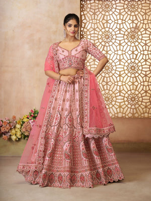 Rajwada Pink Silk Blend Embroidered Semi-Stitched Lehenga For Women