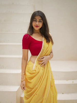Rajwada Yellow Cotton Blend Printed Saree For Women