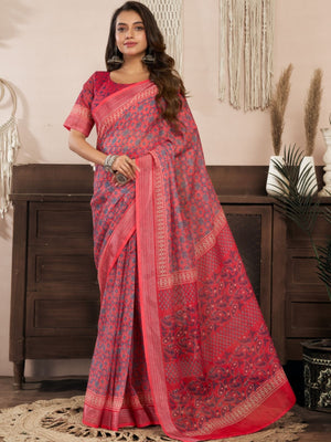Rajwada Red Cotton Linen Zari Work Saree For Women
