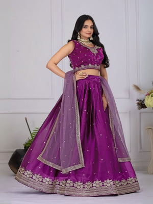 Rajwada Purple Silk Blend Embroidered Semi-Stitched lehenga For Women