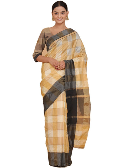 Rajwada Beige Silk Blend Checked Saree For Women