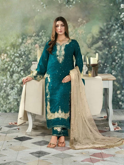 Rajwada Deep Teal Green Silk Blend Embellished Semi Stitched Kurta Set For Women