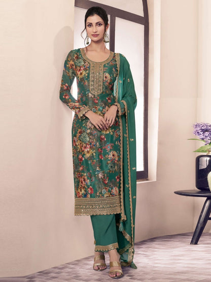 Rajwada Green Chiffon Printed And Embroidered Semi Stitched Kurta Set For Women