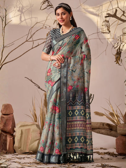 Rajwada Grey Linen Cotton Printed Saree For Women