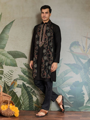Rajwada Black Viscose Rayon Embroidered Stitched Kurta For Men