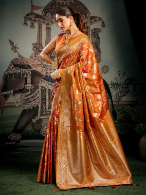 Rajwada Orange Silk Blend Solid Saree For Women