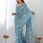 Rajwada Light Blue Silk Blend Floral Print & Cutwork Saree For Women