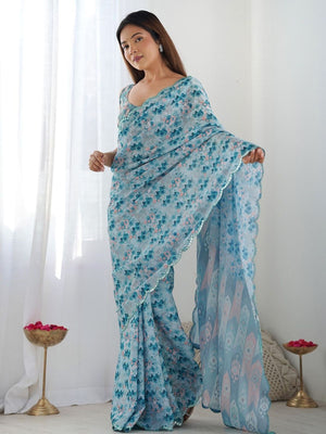 Rajwada Light Blue Silk Blend Floral Print & Cutwork Saree For Women