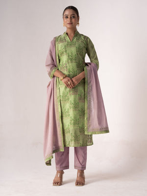 Rajwada Green Art Silk Printed Semi-Stitched Kurta Set For Women