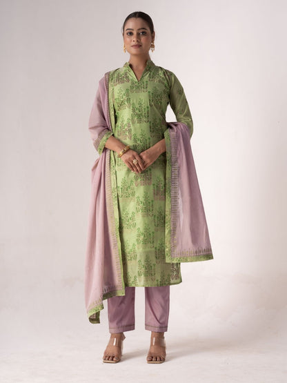 Rajwada Green Art Silk Printed Semi-Stitched Kurta Set For Women