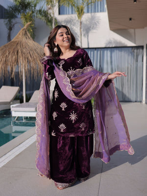 Rajwada Wine Velvet Embellished Kurta Set For Women