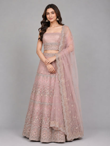 Light Pink Net Embellished Lehenga