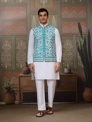 Rajwada White Silk Blend Plain Stitched Kurta Set For Men
