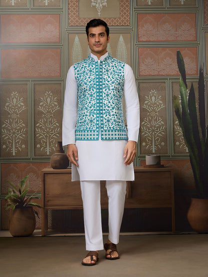 Rajwada White Silk Blend Plain Stitched Kurta Set For Men