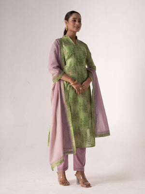 Rajwada Green Art Silk Printed Semi-Stitched Kurta Set For Women