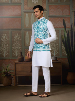 Rajwada White Silk Blend Plain Stitched Kurta Set For Men