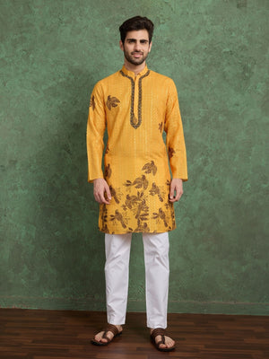 Rajwada Mustard Rayon Printed and Embroidered Stitched Kurta For Men