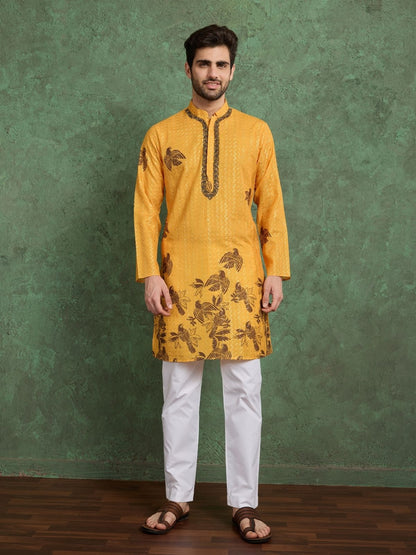 Rajwada Mustard Rayon Printed and Embroidered Stitched Kurta For Men
